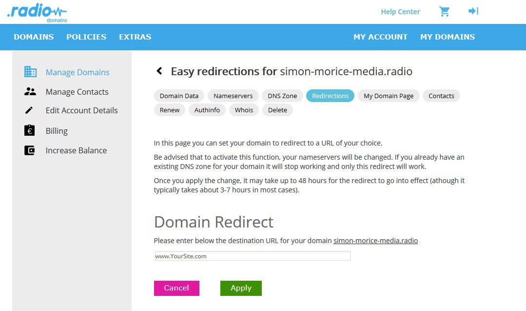 Domain redirection page